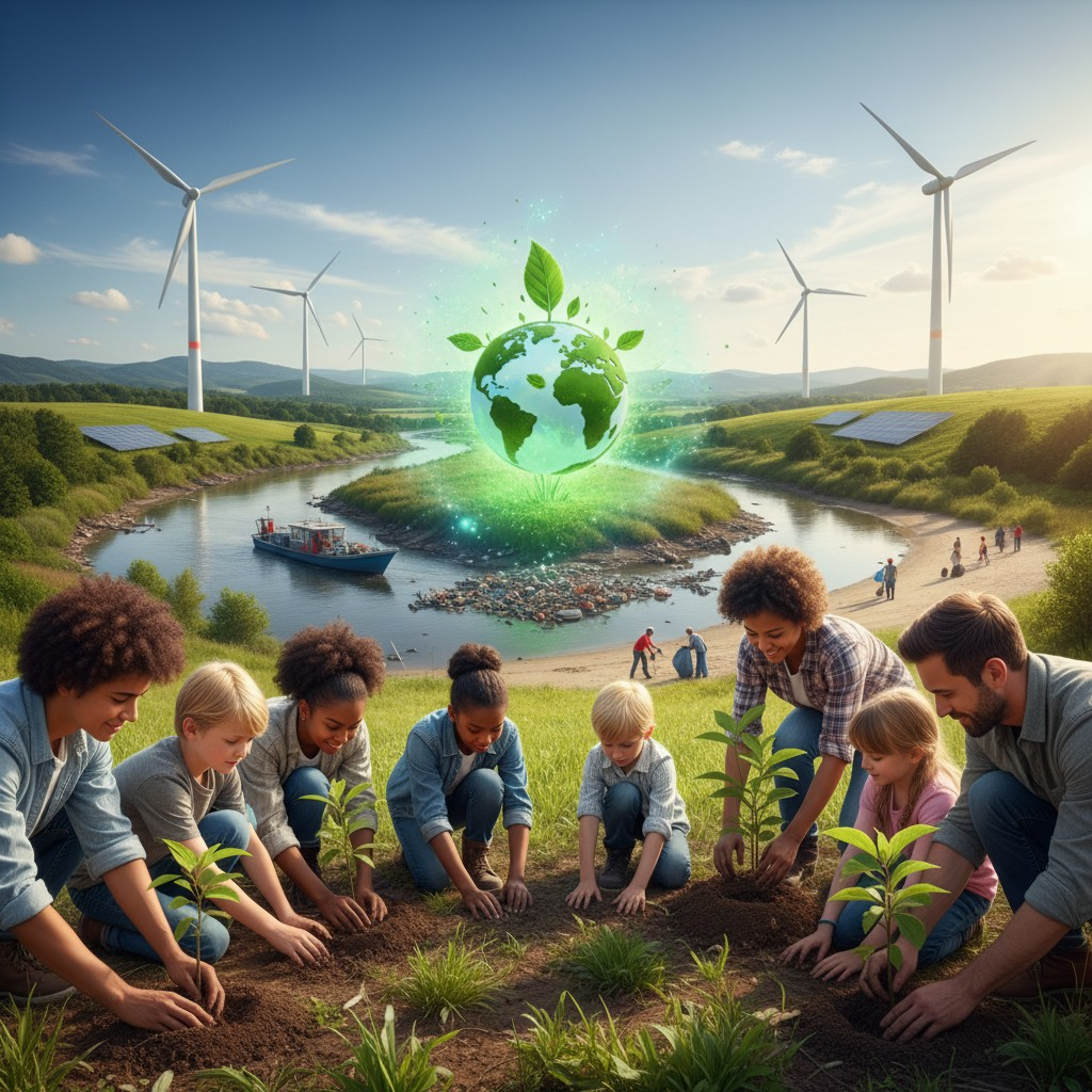 Community planting initiative with wind turbines in background, illustrating renewable energy integration with agroforestry and carbon sequestration projects