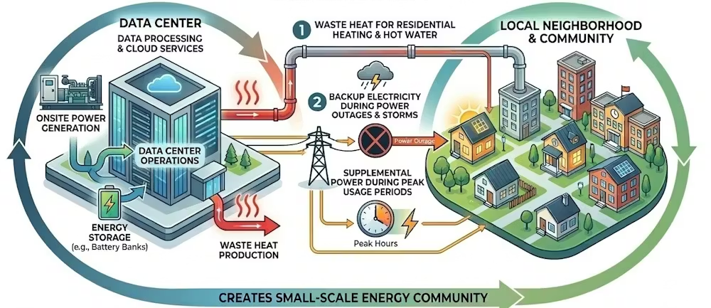 Data Center energy community diagram illustrating how data centres can participate in carbon credit markets and community energy sharing programmes